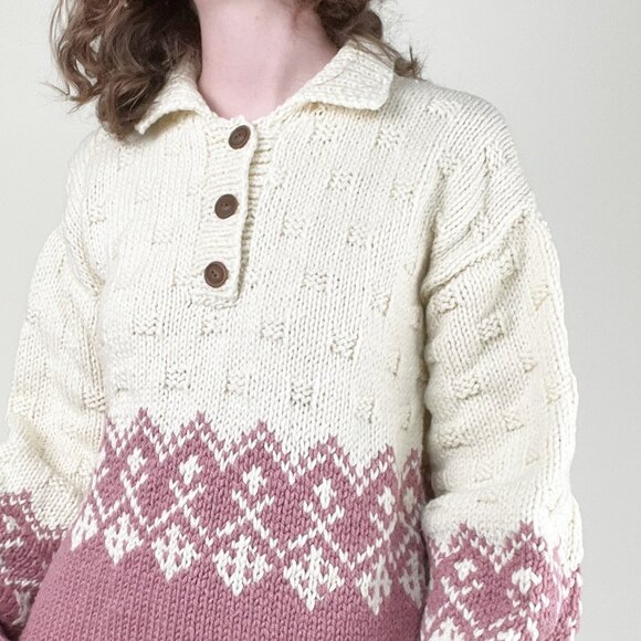 Vintage Hand Knit Fair Isle Oversized Sweater Slouchy Loose Fisherman 80s 90s - Picture 3 of 9